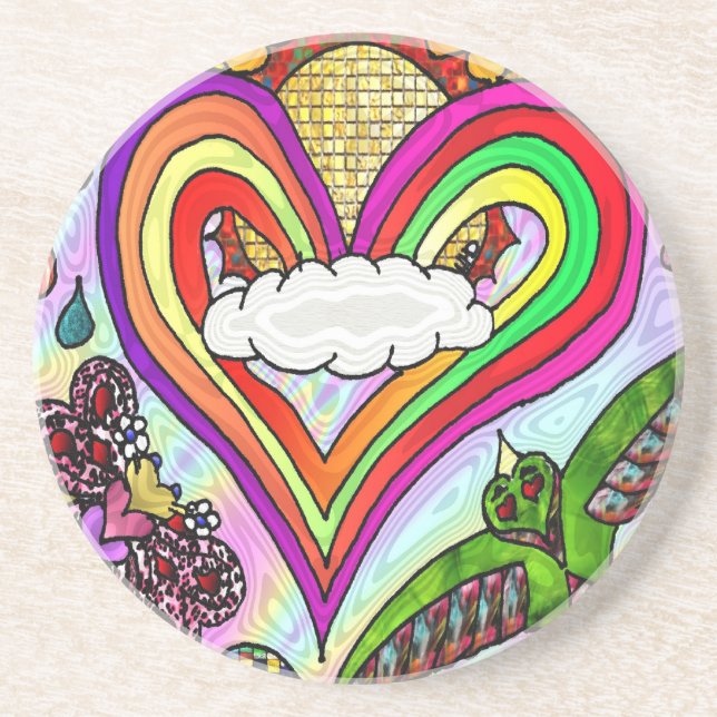 Psychedelic Rainbow Heart Art Print Drink Coaster (Front)