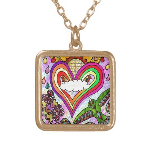 Psychedelic Rainbow Heart Art Print Gold Plated Necklace