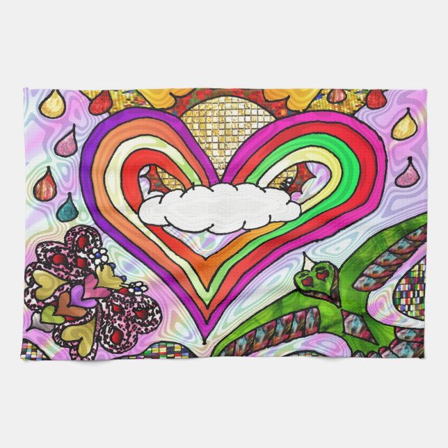 Psychedelic Rainbow Heart Art Print Kitchen Towel (Horizontal)