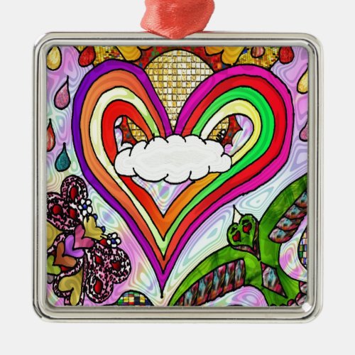 Psychedelic Rainbow Heart Art Print Metal Ornament
