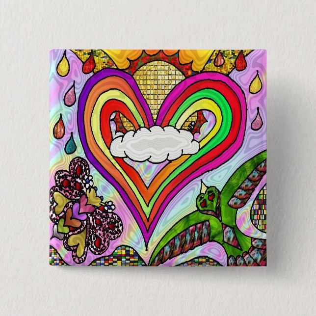 Psychedelic Rainbow Heart Art Print Pinback Button (Front)