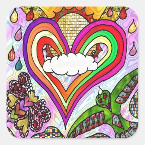 Psychedelic Rainbow Heart Art Print Square Sticker