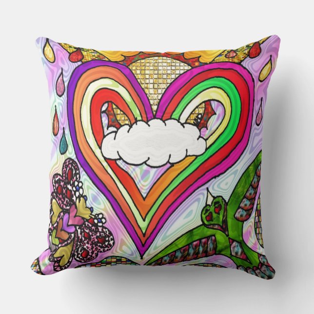 Psychedelic Rainbow Heart Art Print Throw Pillow (Front)