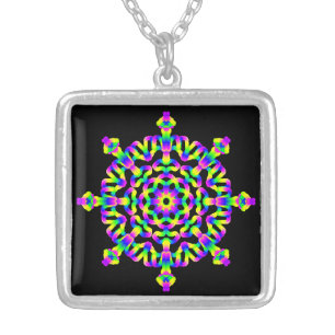 *~* Psychedelic Rainbow Hippy Good Vibe Mandala Silver Plated Necklace
