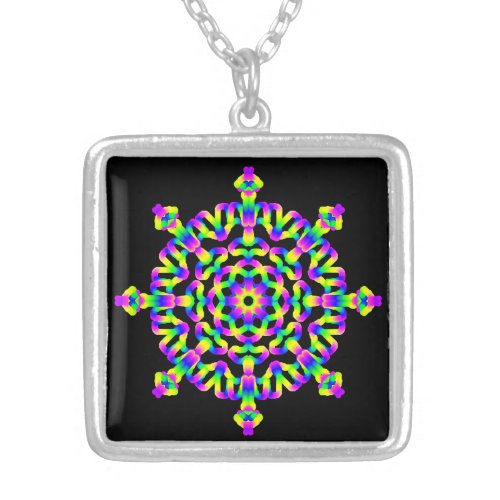  Psychedelic Rainbow Hippy Good Vibe Mandala Silver Plated Necklace