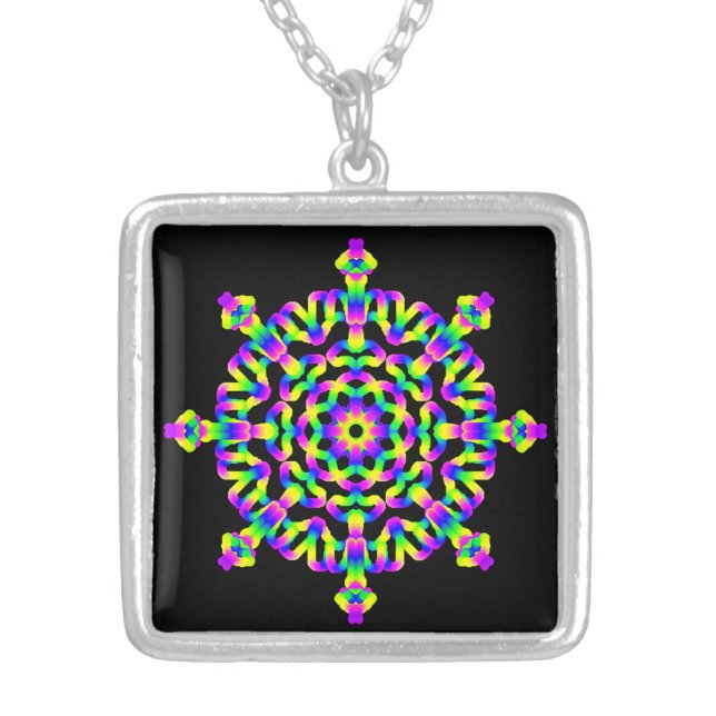 *~* Psychedelic Rainbow Hippy Good Vibe Mandala Silver Plated Necklace (Front)