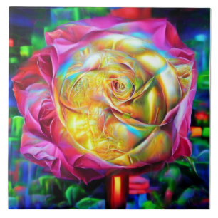 Psychedelic Rainbow Rose Ceramic Tile