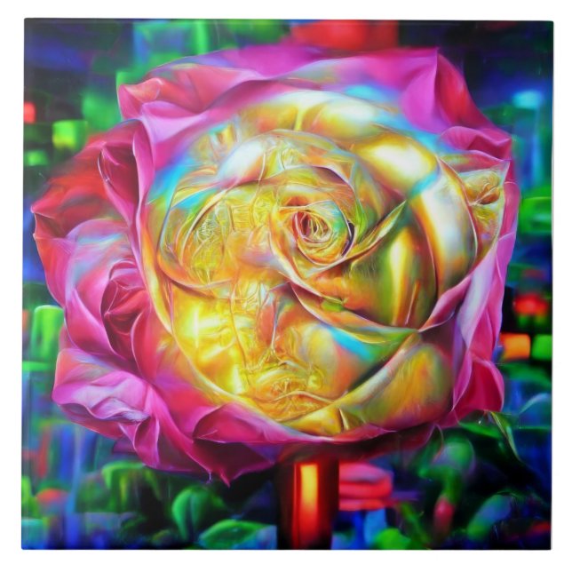 Psychedelic Rainbow Rose Ceramic Tile (Front)