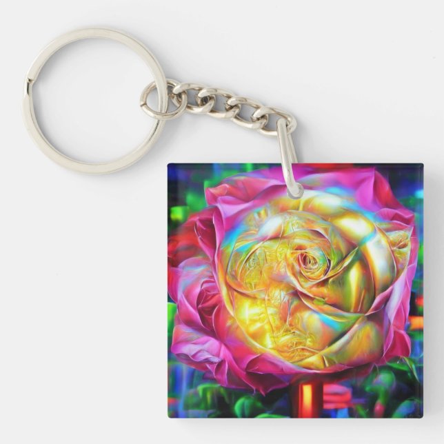 Psychedelic Rainbow Rose Keychain (Front)