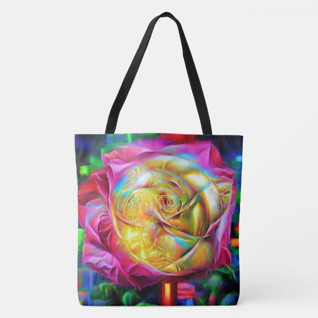 Psychedelic Rainbow Rose Tote Bag (Front)