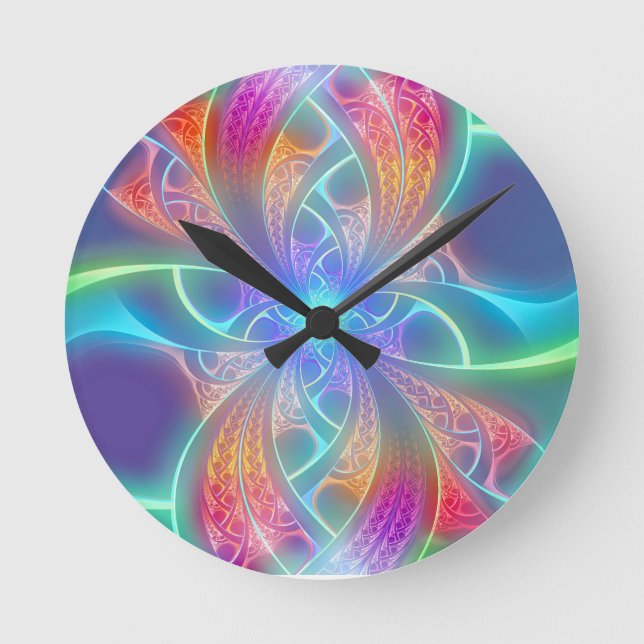 Psychedelic Rainbow Swirls Fractal Pattern Round Clock (Front)