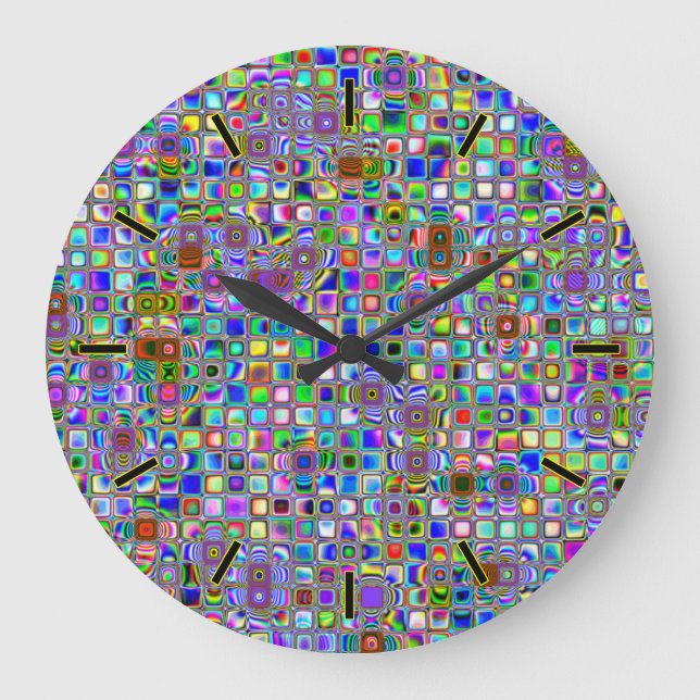 Psychedelic Rainbow Textured Mosaic Tiles Pattern Large Clock (Front)