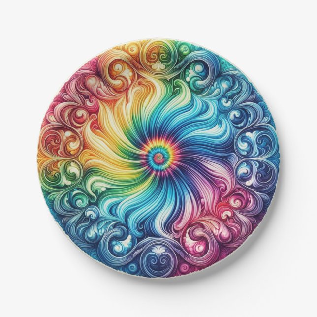 Psychedelic Rainbow Tie-Dye Retro Paper Plates (Front)