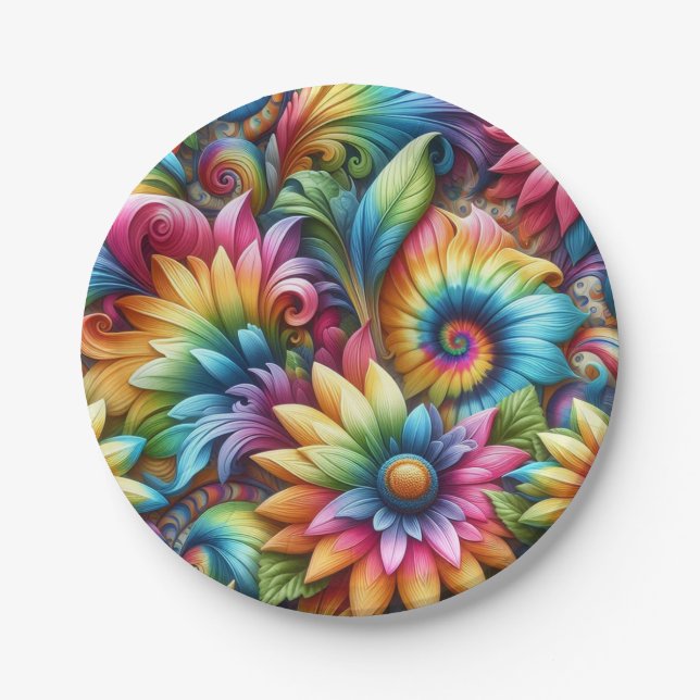 Psychedelic Rainbow Tie-Dye Retro Paper Plates (Front)