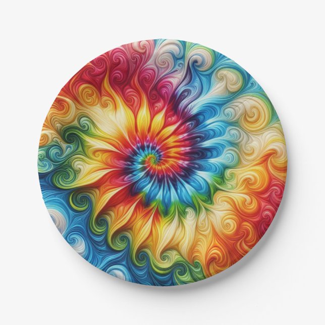 Psychedelic Rainbow Tie-Dye Retro Paper Plates (Front)