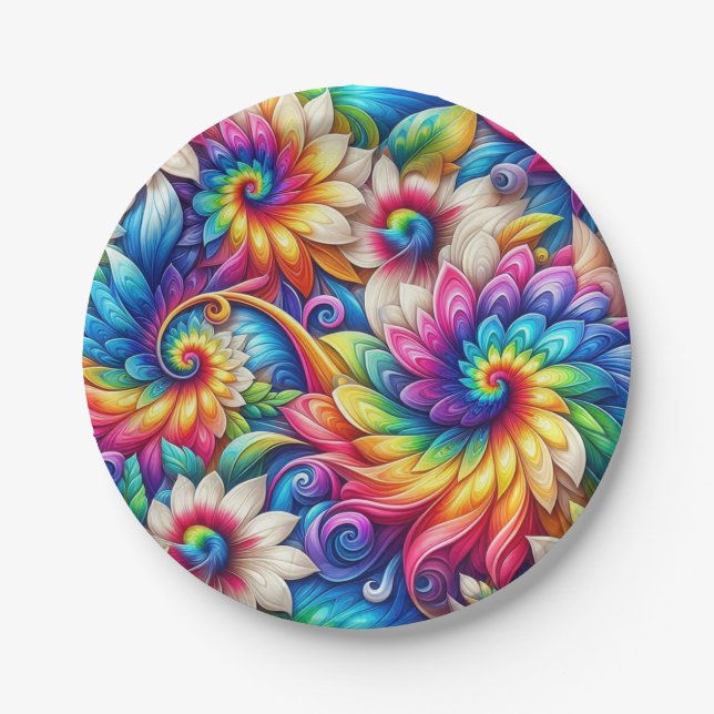 Psychedelic Rainbow Tie-Dye Retro Paper Plates (Front)