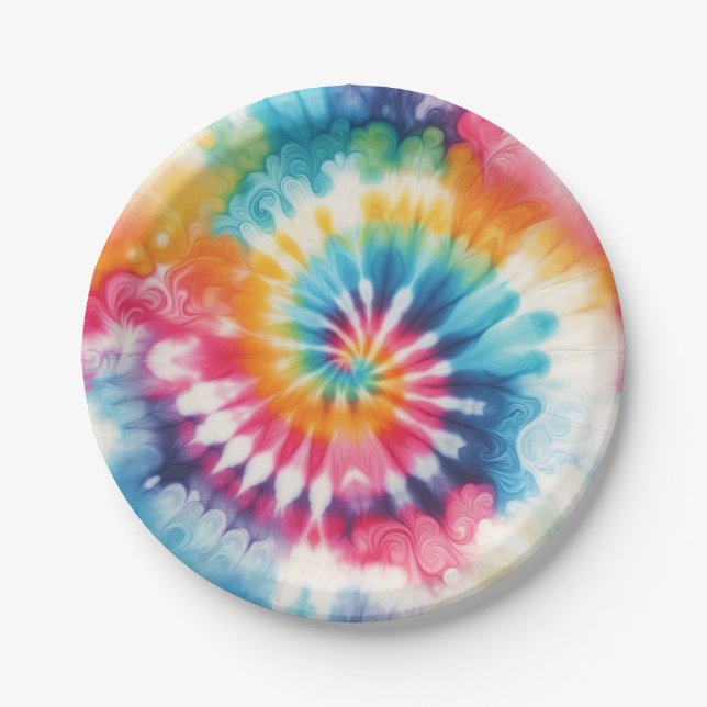 Psychedelic Rainbow Tie-Dye Retro Paper Plates (Front)