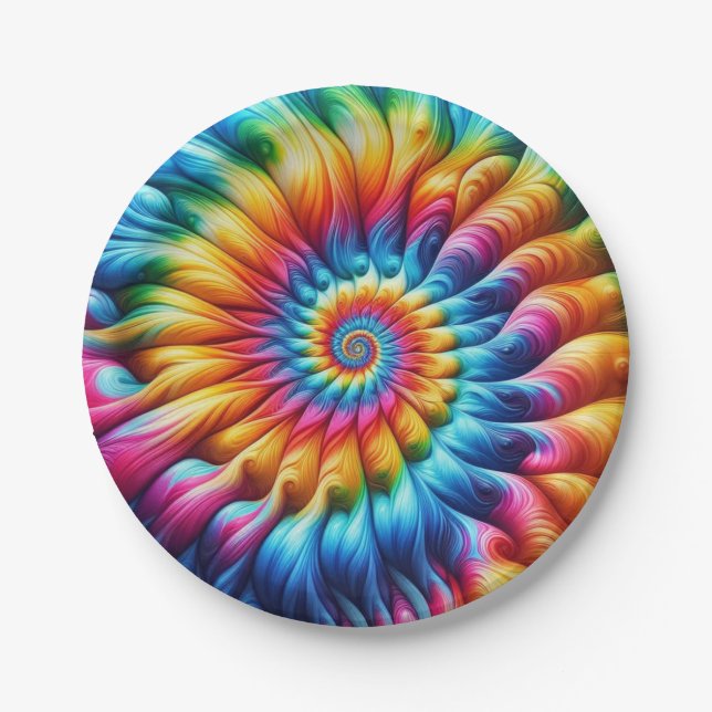 Psychedelic Rainbow Tie-Dye Retro Paper Plates (Front)