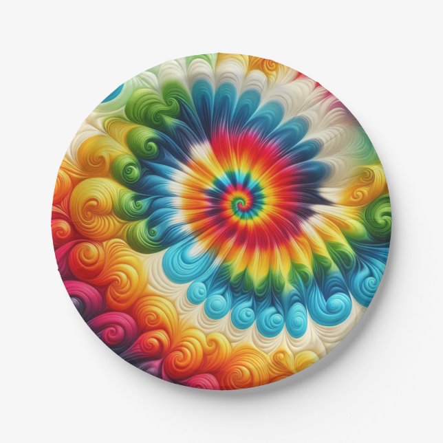 Psychedelic Rainbow Tie-Dye Retro Paper Plates (Front)