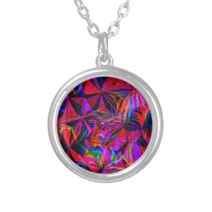 Psychedelic Red Mix Abstract Colorful Silver Plated Necklace