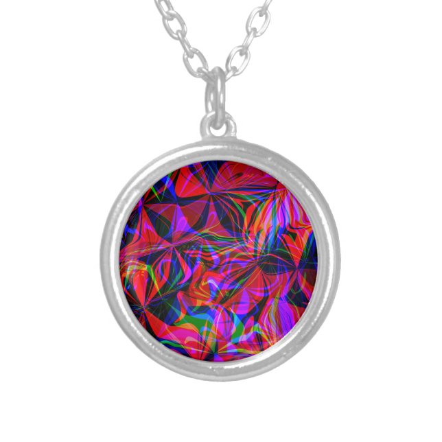 Psychedelic Red Mix Abstract Colorful Silver Plated Necklace (Front)