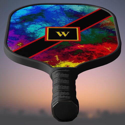 Psychedelic Red Yellow Blue Cosmic Clouds Monogram Pickleball Paddle