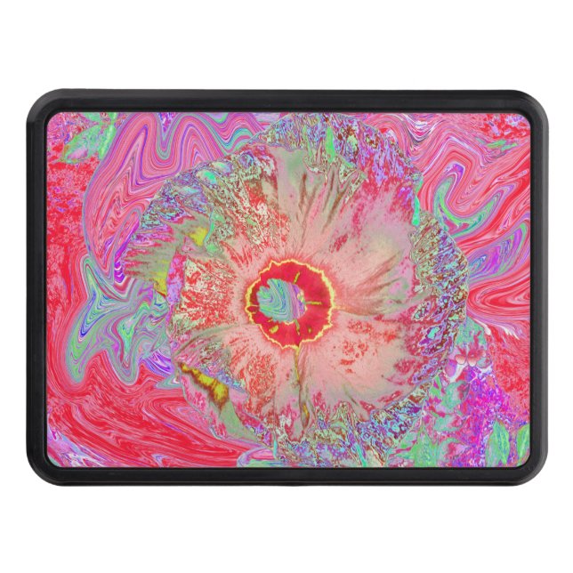 Psychedelic Retro Coral Rainbow Hibiscus Hitch Cover (Front)