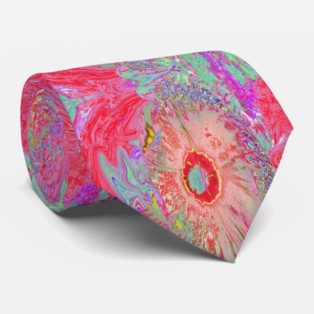Psychedelic Retro Coral Rainbow Hibiscus Neck Tie (Rolled)