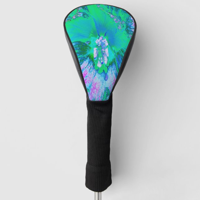 Psychedelic Retro Green and Hot Pink Hibiscus Golf Head Cover (Front)