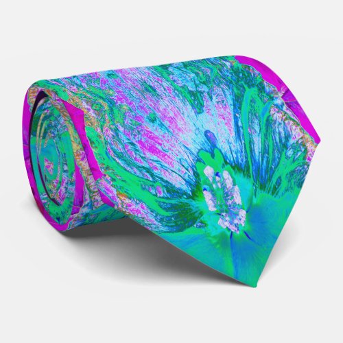 Psychedelic Retro Green and Hot Pink Hibiscus Neck Tie