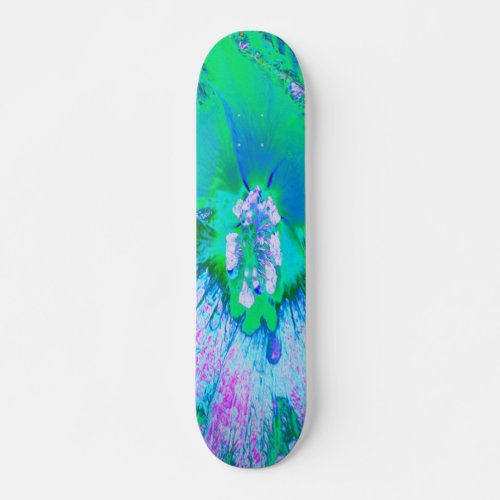 Psychedelic Retro Green and Hot Pink Hibiscus Skateboard