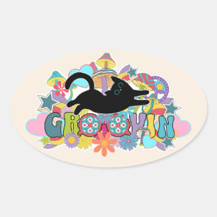Psychedelic Retro Groovin Black Cat Hippie Art Oval Sticker