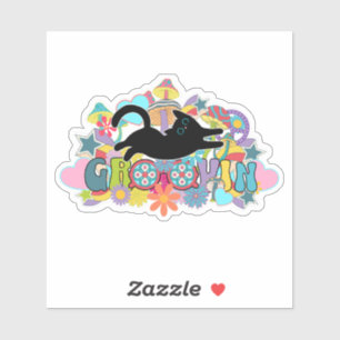Psychedelic Retro Groovin Black Cat Hippie Art Sticker