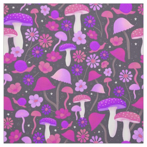 Psychedelic Retro Mushrooms Purple Pink  Black Fabric