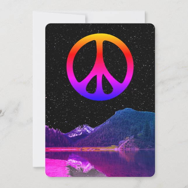 Psychedelic retro peace sign on lake in space holiday card (Front)