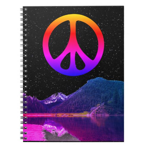 Psychedelic retro peace sign on lake in space notebook