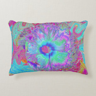 Psychedelic Retro Rainbow Blue Hibiscus Accent Pillow