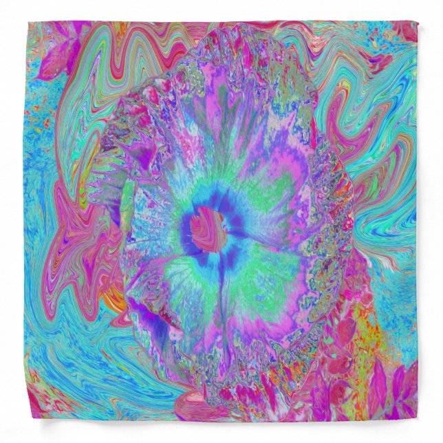 Psychedelic Retro Rainbow Blue Hibiscus Bandana (Front)
