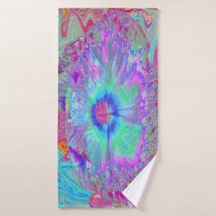 Psychedelic Retro Rainbow Blue Hibiscus Bath Towel