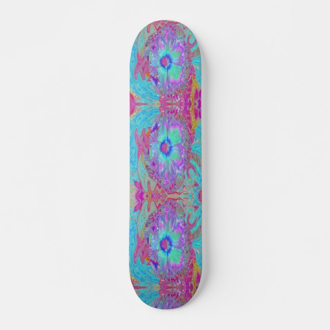 Psychedelic Retro Rainbow Blue Hibiscus Skateboard (Front)