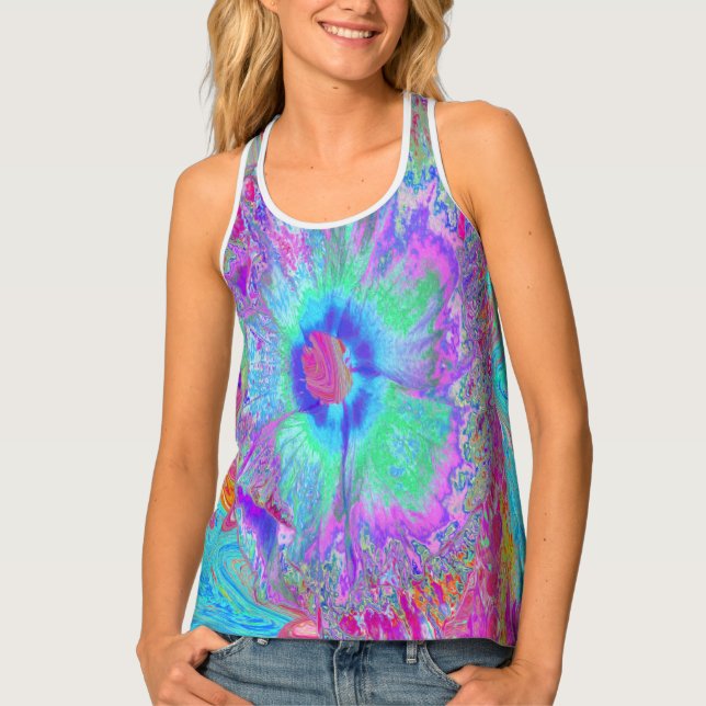 Psychedelic Retro Rainbow Blue Hibiscus Tank Top (Front)