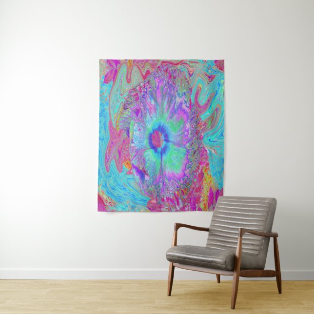 Psychedelic Retro Rainbow Blue Hibiscus Tapestry (In Situ)