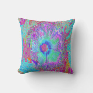 Psychedelic Retro Rainbow Blue Hibiscus Throw Pillow
