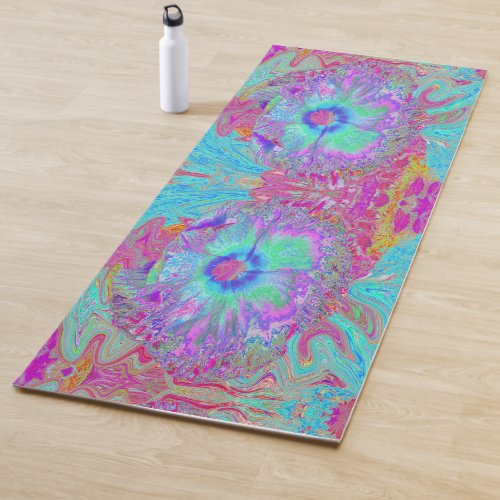 Psychedelic Retro Rainbow Blue Hibiscus Yoga Mat