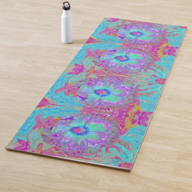Psychedelic Retro Rainbow Blue Hibiscus Yoga Mat (In Situ)