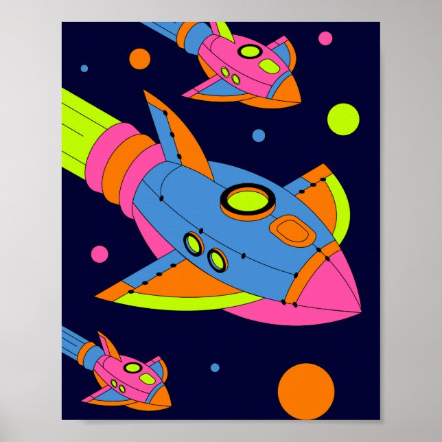 Psychedelic Retro Rockets in Space Poster (Front)