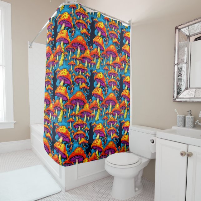 Psychedelic Retro Trippy Mushrooms Shower Curtain (In Situ)