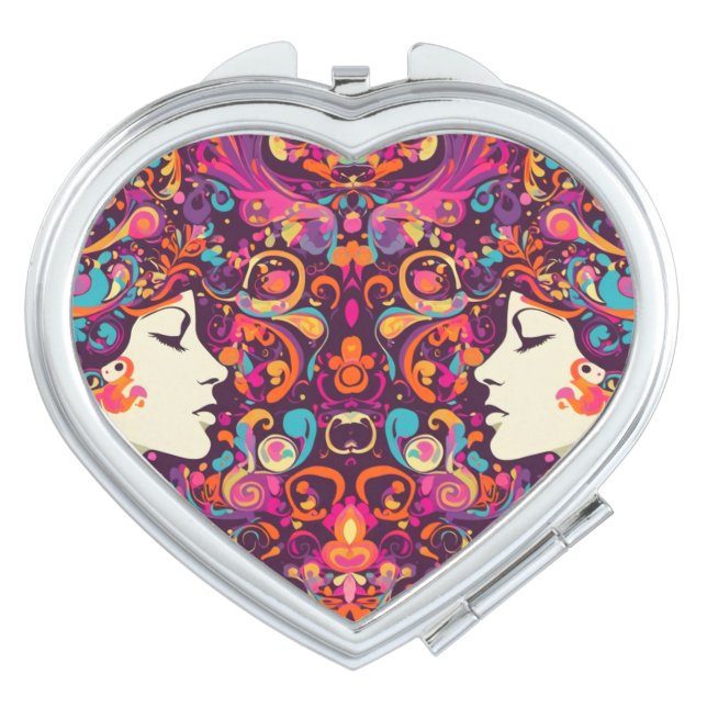 Psychedelic Retro Women Profiles - Heart Compact Mirror (Front)