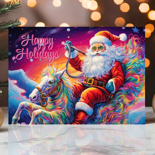 Psychedelic Santa On Rainbow Horse Holiday Card