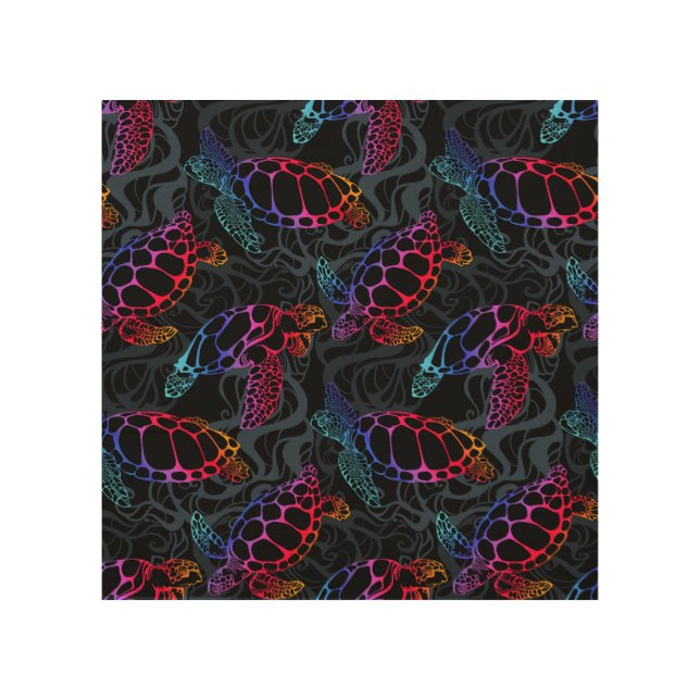 Psychedelic Sea Turtle: Boho Ocean Wood Wall Art (Front)